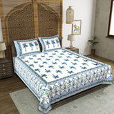 Tropical Breeze Sanganeri Hand Block Print Double Bedsheet - Blue Palm Tree Cotton Bedding